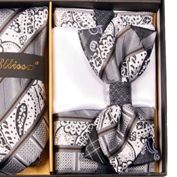 6 Piece White Silver Stripe Necktie & Bow Tie Set